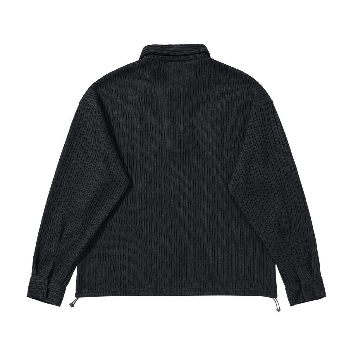Back view of a black ribbed long-sleeve collared top with button cuffs and an adjustable drawcord hem.
