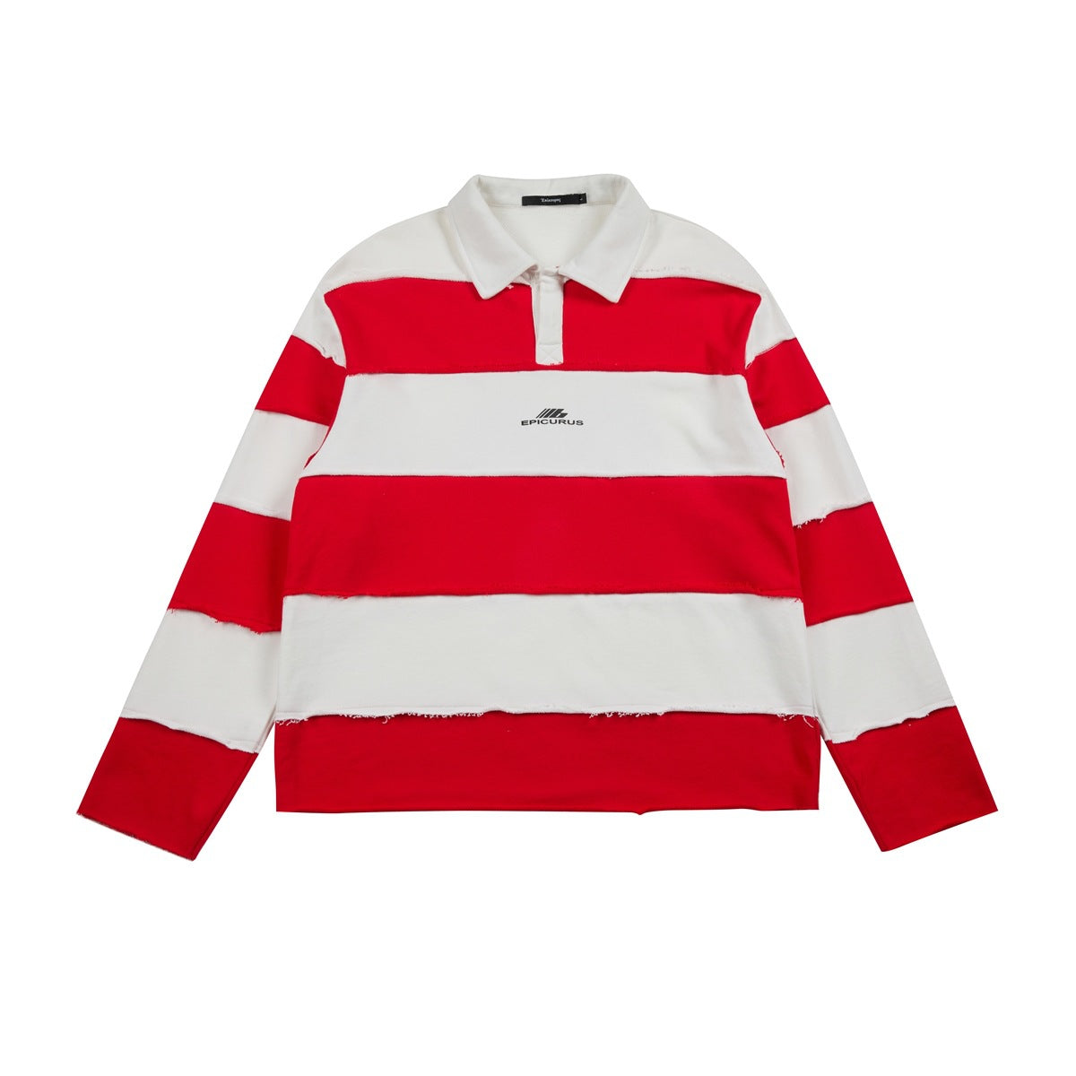 Front of red and white wide-striped long-sleeve polo-collar pullover with raw-edge seams and small chest logo