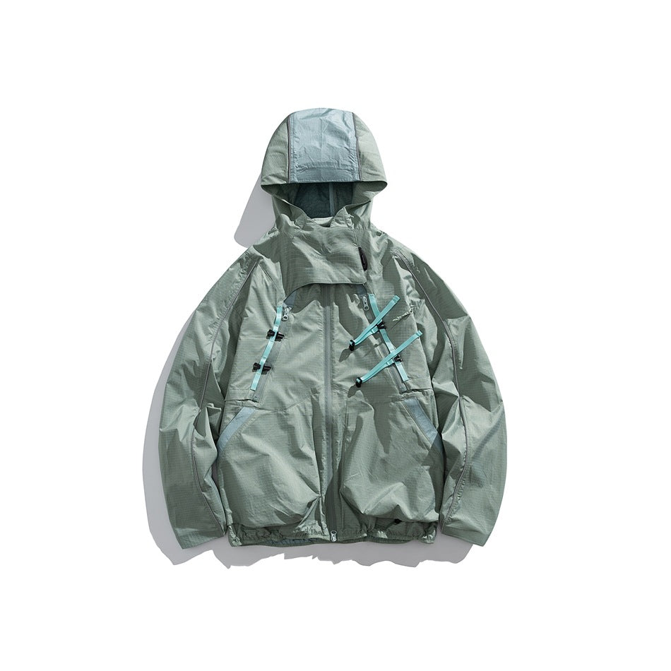 Bamboo green hooded zip jacket with contrast hood panel, aqua chest straps and large front pockets, flat lay