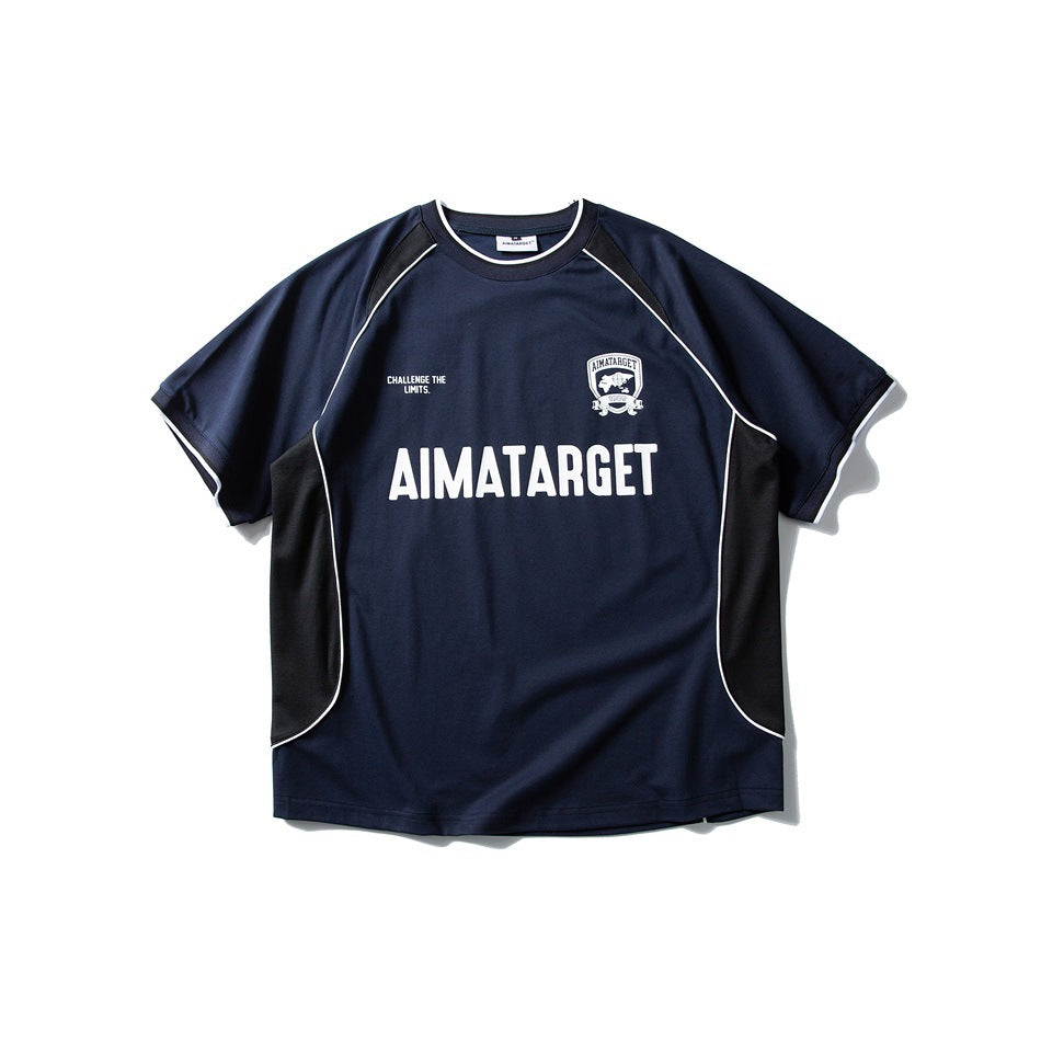 Navy short-sleeve jersey-style tee with black side panels, white piping and a white chest wordmark, flat lay front view