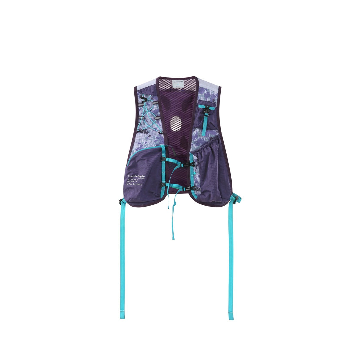 Purple camo mesh running-style vest with teal straps and front pockets, flat lay on white