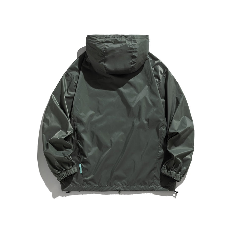 Back view of green hooded jacket with plain back panel, elastic cuffs and drawcord hem