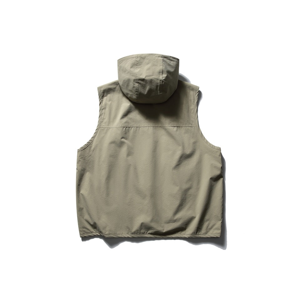 Back view of a light khaki sleeveless hooded vest laid flat, showing the hood and plain back panel.