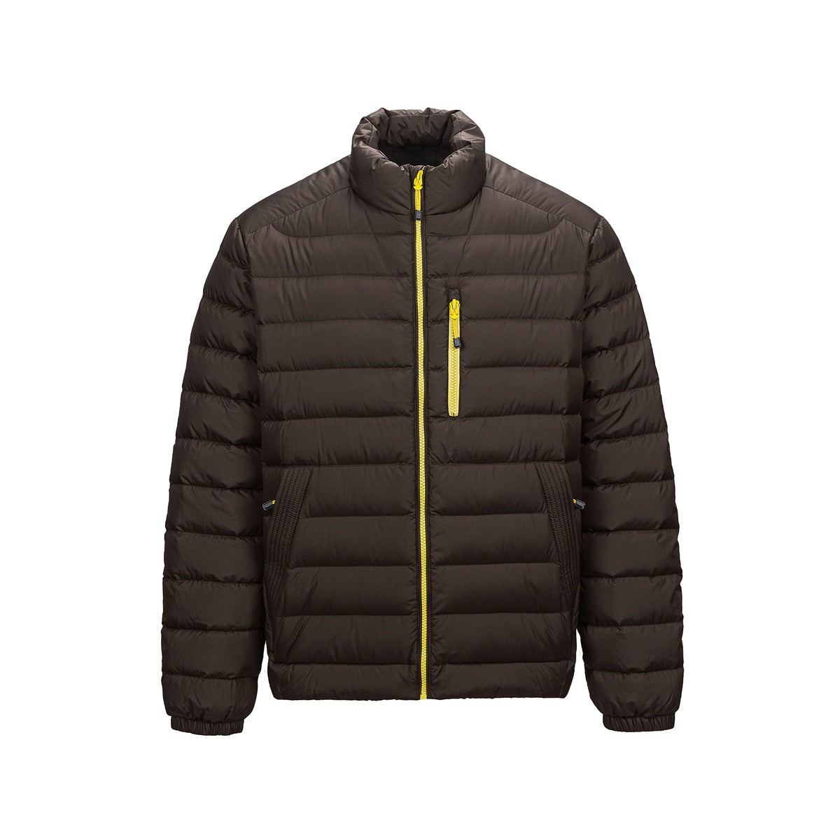 Coffee brown quilted stand-collar jacket with yellow-green front zipper, front view on a plain white background