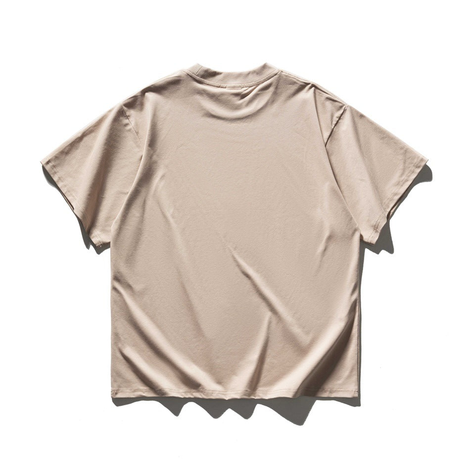 Back view of a taupe short-sleeve crew-neck T-shirt displayed against a white background.