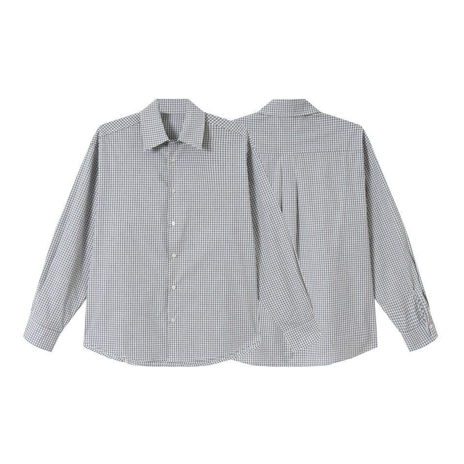 Gray-and-white small-check button-up shirt shown from the front and back against a white background.