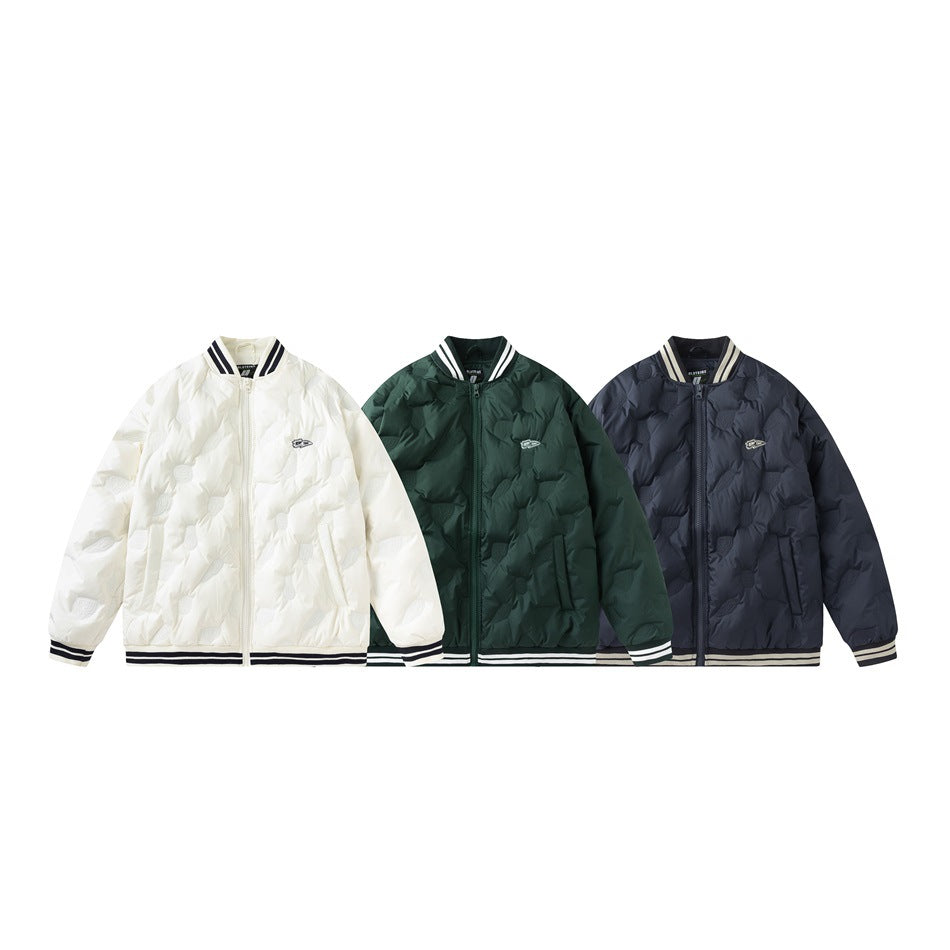 Three front-view quilted zip jackets in ivory, dark green, and navy, with striped collars and cuffs.