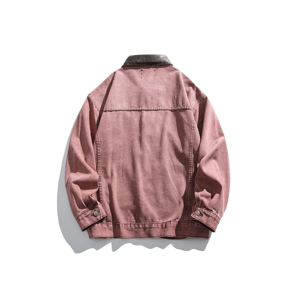 Back view of a dusty rose jacket with a dark brown collar, seam detailing, and buttoned cuffs.