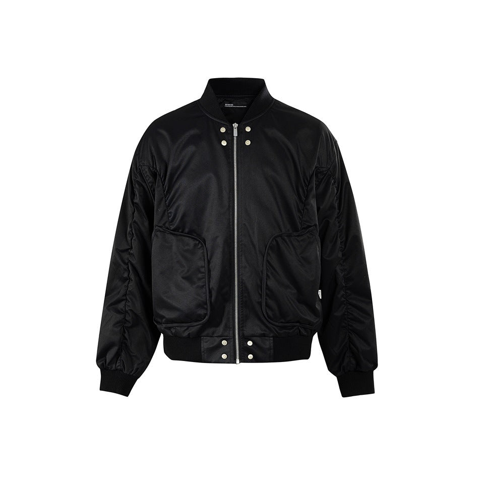 Black bomber jacket front view with zip, snap studs, ribbed collar, cuffs and hem, and large patch pockets
