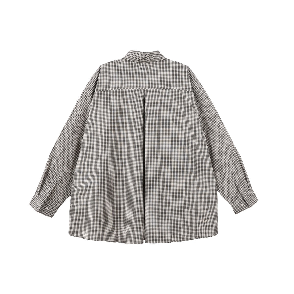 Full back view of a long-sleeved white shirt with a small black check, back yoke, and center pleat.