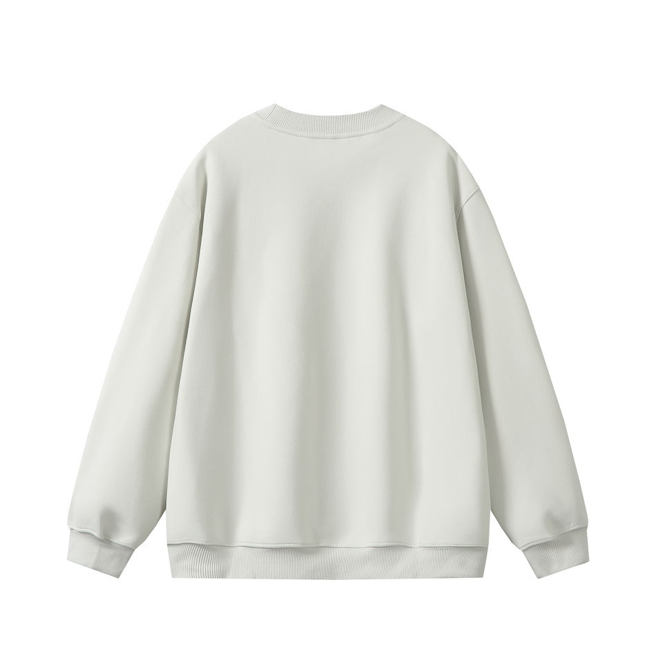 Back view of a plain pale gray crewneck sweatshirt with long sleeves and ribbed cuffs and hem.