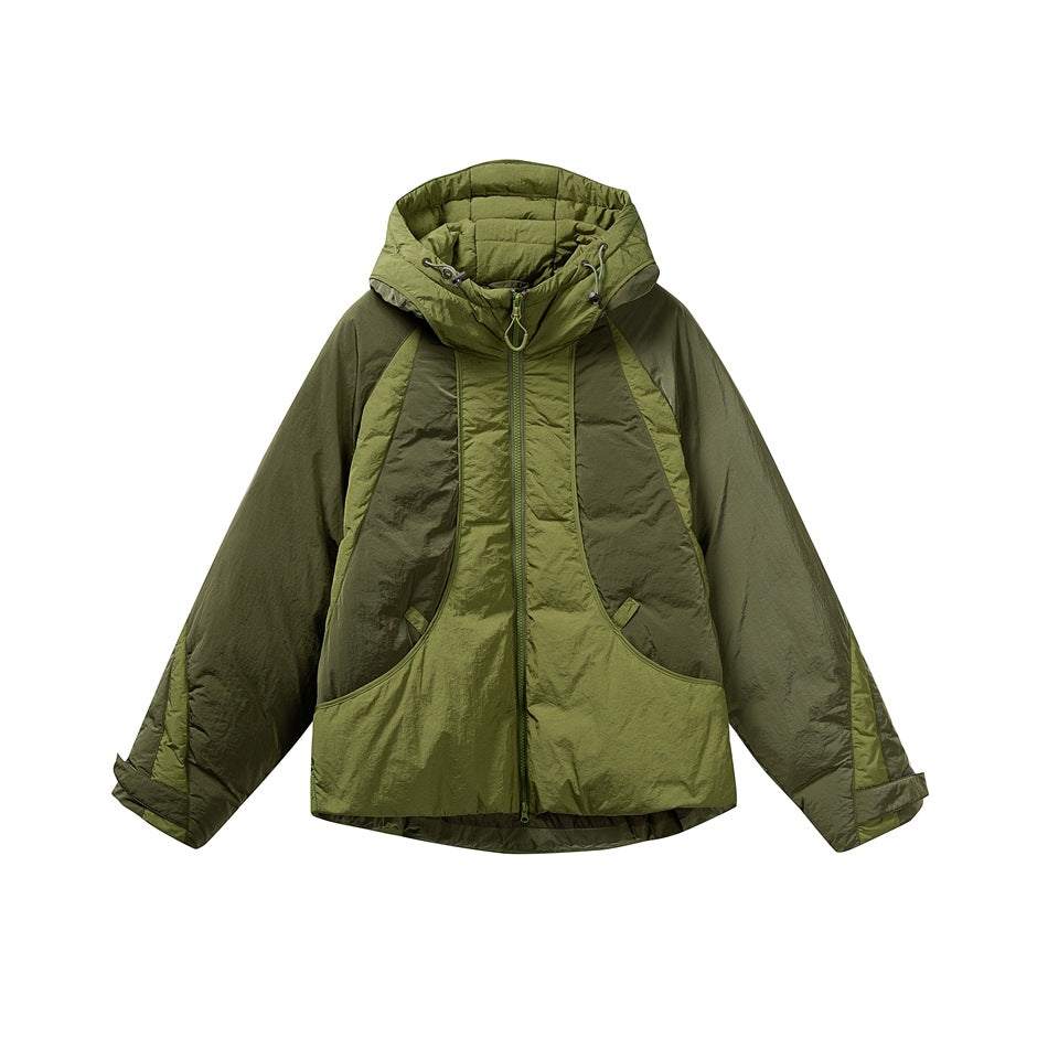 Green two-tone hooded zip-front puffer jacket with drawcord hood and curved pockets, flat front view