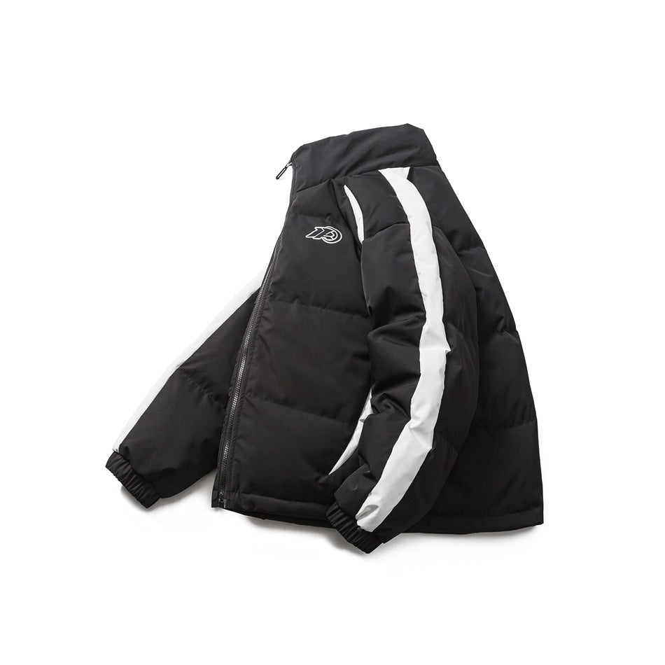 Black padded jacket with white sleeve stripes, a front zipper, elastic cuffs, and a small chest emblem.
