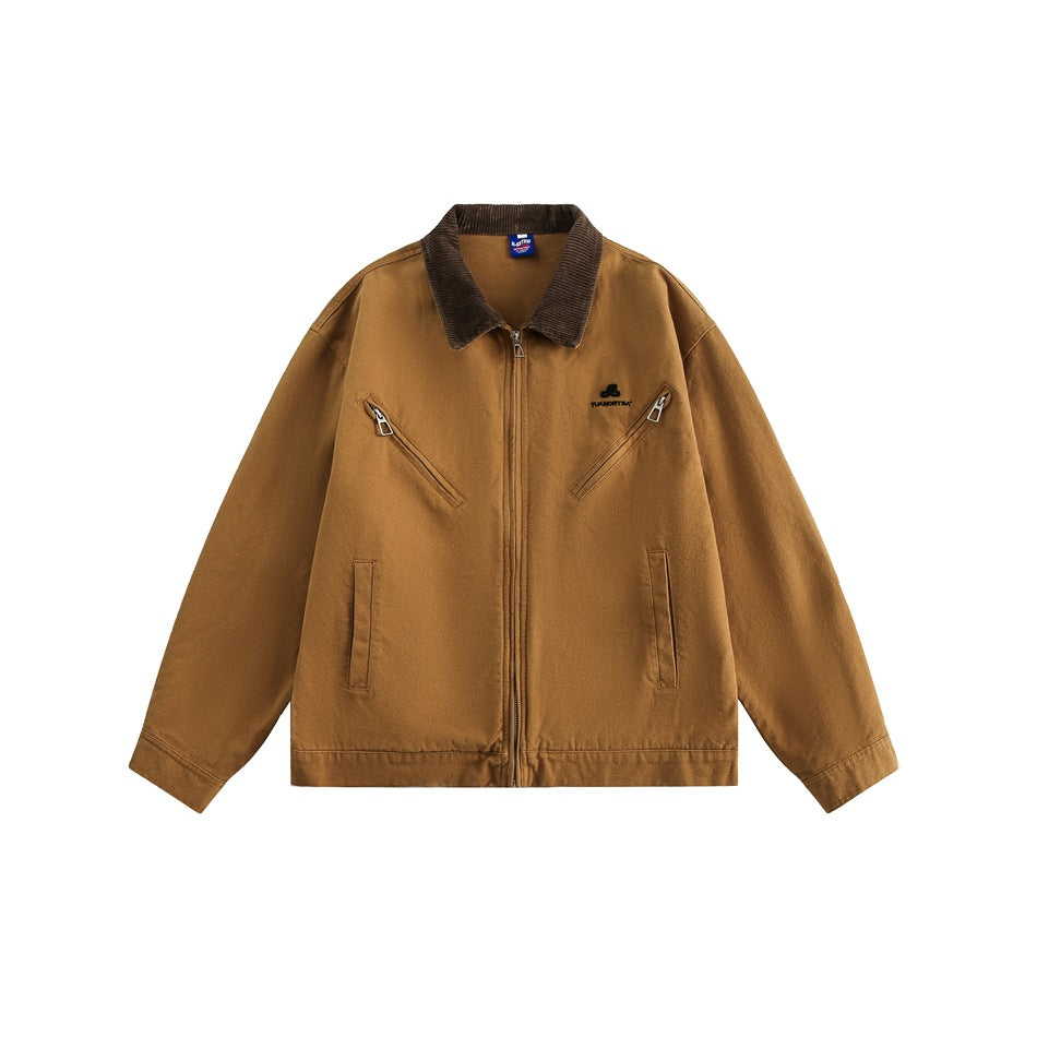 Tan-brown zip-front jacket with brown ribbed collar, diagonal zippered chest pockets and slit pockets, flat front view