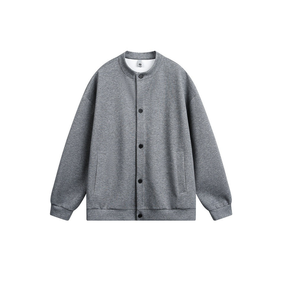 Gray heather button-front jacket with stand collar, side pockets and ribbed cuffs and hem, flat lay front view