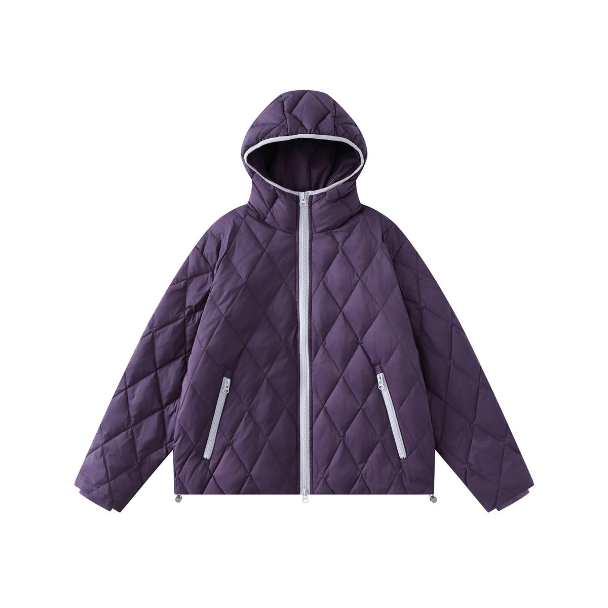 Purple diamond-quilted hooded jacket, front flat-lay with light gray zipper, hood trim and zippered pockets