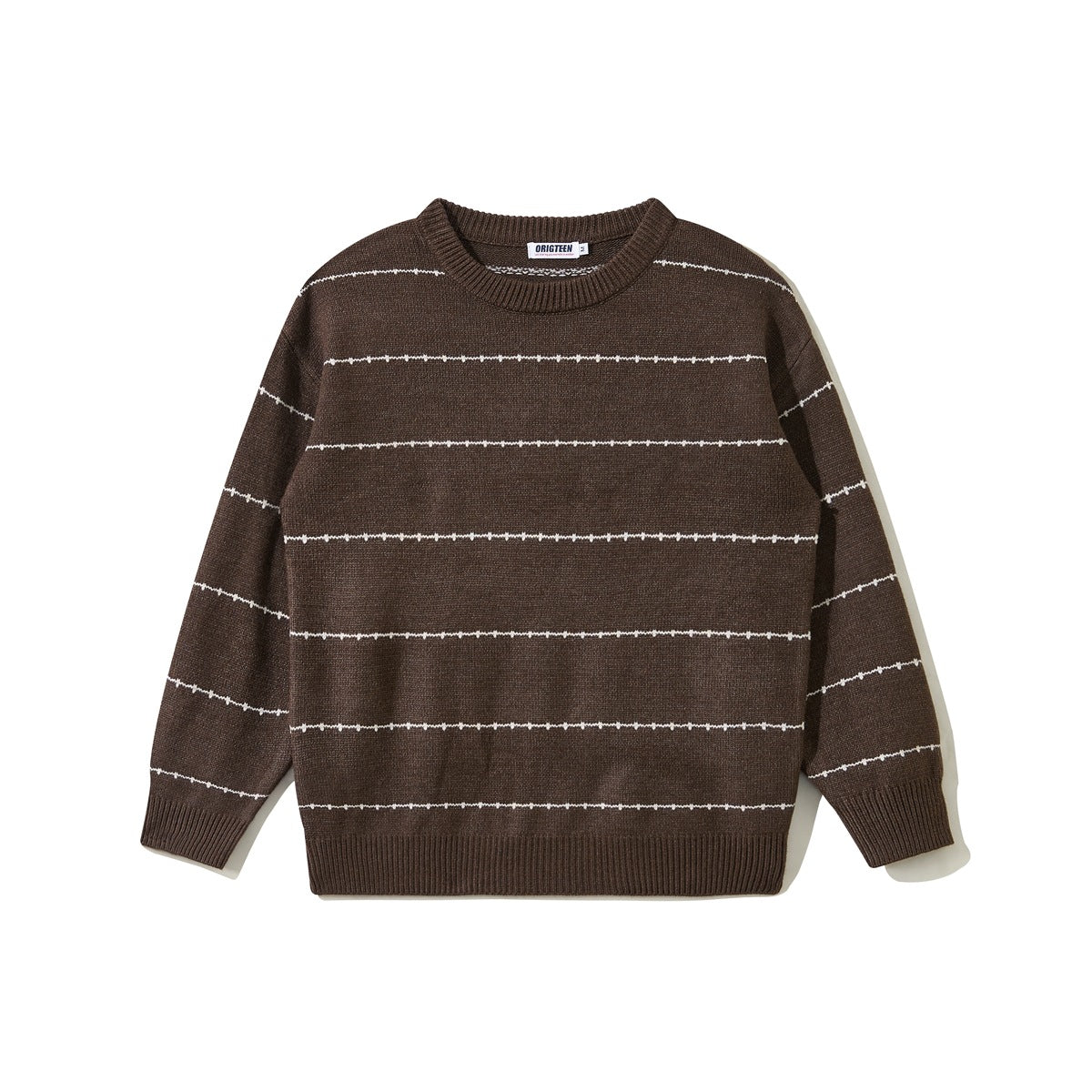 Brown crew-neck knit sweater with cream dotted horizontal stripes, ribbed collar, cuffs and hem, flat lay front view