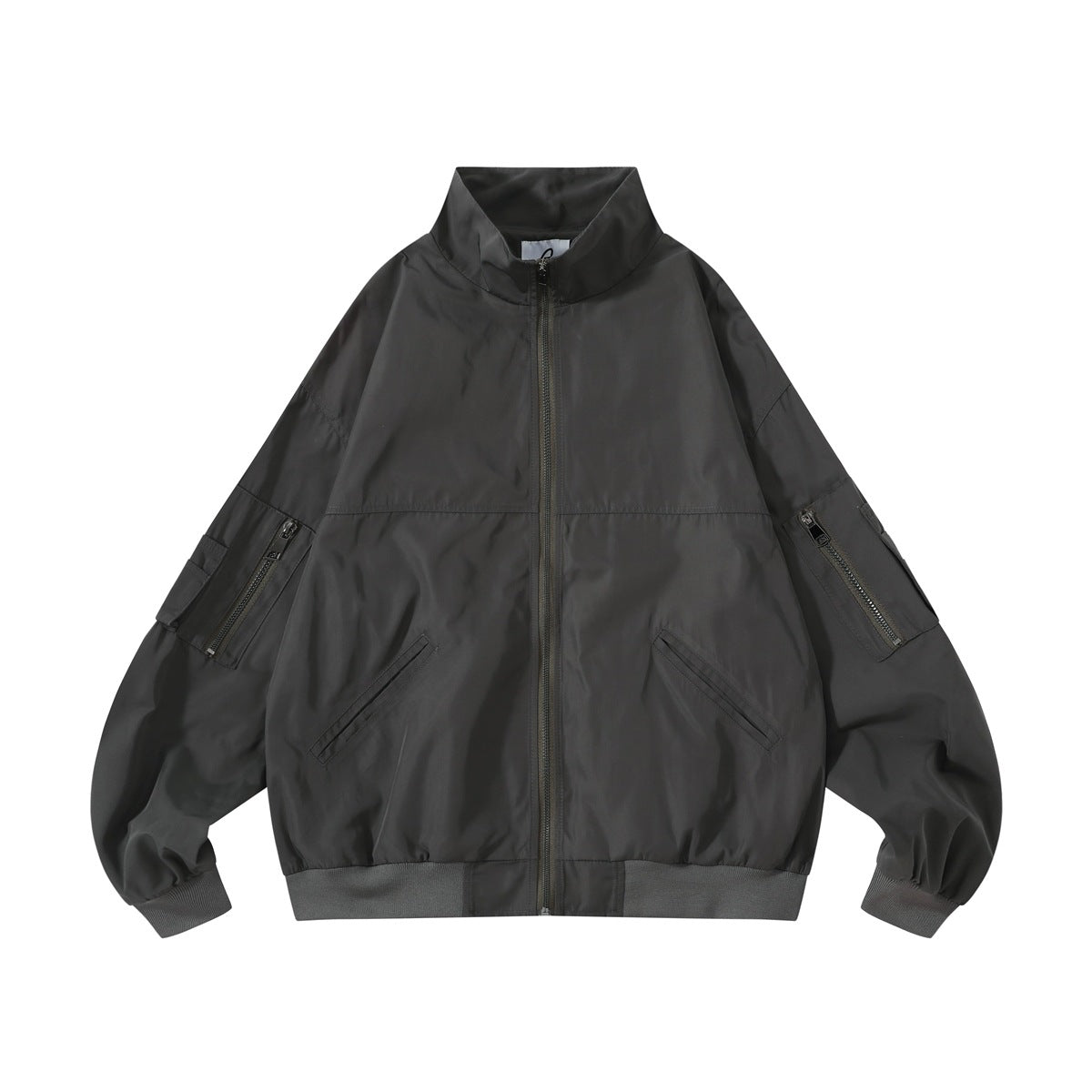 Dark charcoal-black zip-up jacket with stand collar, zippered sleeve pockets and ribbed cuffs and hem, flat front view