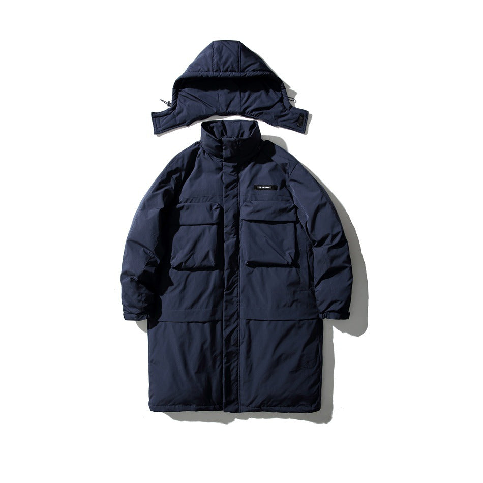 Front view of a long dark navy hooded coat with a high collar, flap pockets and a separate hood above it.