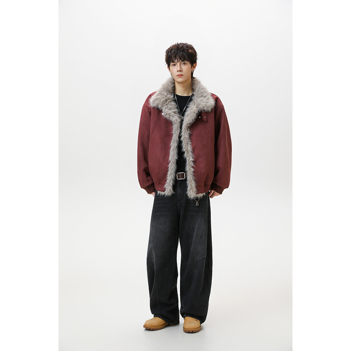 Full-length model wearing a burgundy jacket with a plush light gray fur collar and front trim.