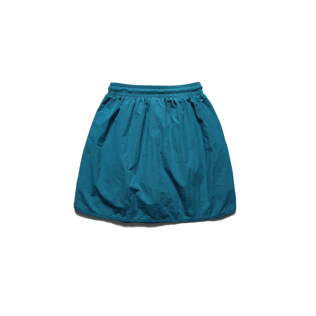 Back view of a teal skirt with a gathered elastic waistband and a plain, gently flared body.
