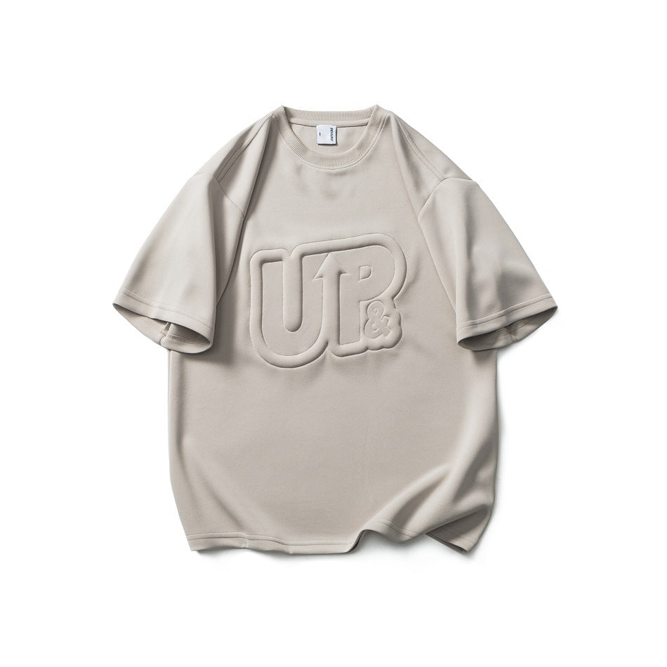 Light khaki short-sleeve T-shirt with tone-on-tone raised UP& lettering on the chest, flat front view