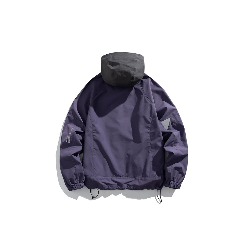 Back view of a dark purple hooded jacket with a charcoal hood, elastic cuffs and hem, and adjustable drawcords.