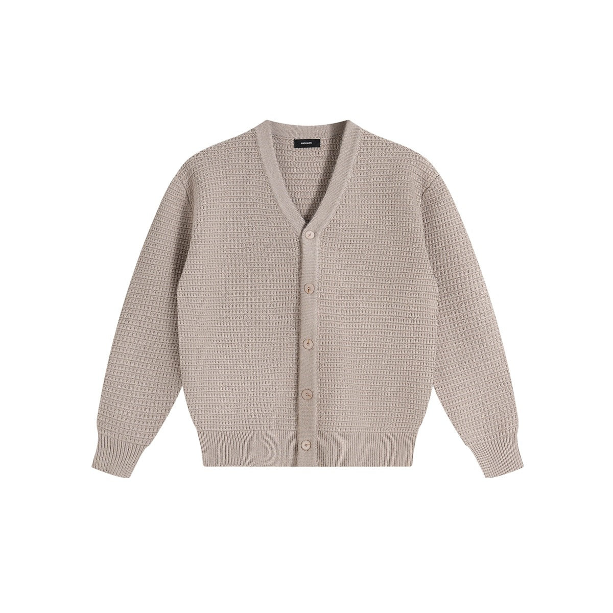 Khaki taupe waffle-knit V-neck button-front cardigan with ribbed hem and cuffs, flat lay on white background
