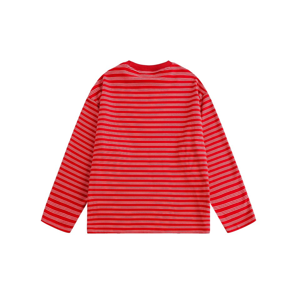 Back view of a red long-sleeve shirt with thin white horizontal stripes, laid flat.