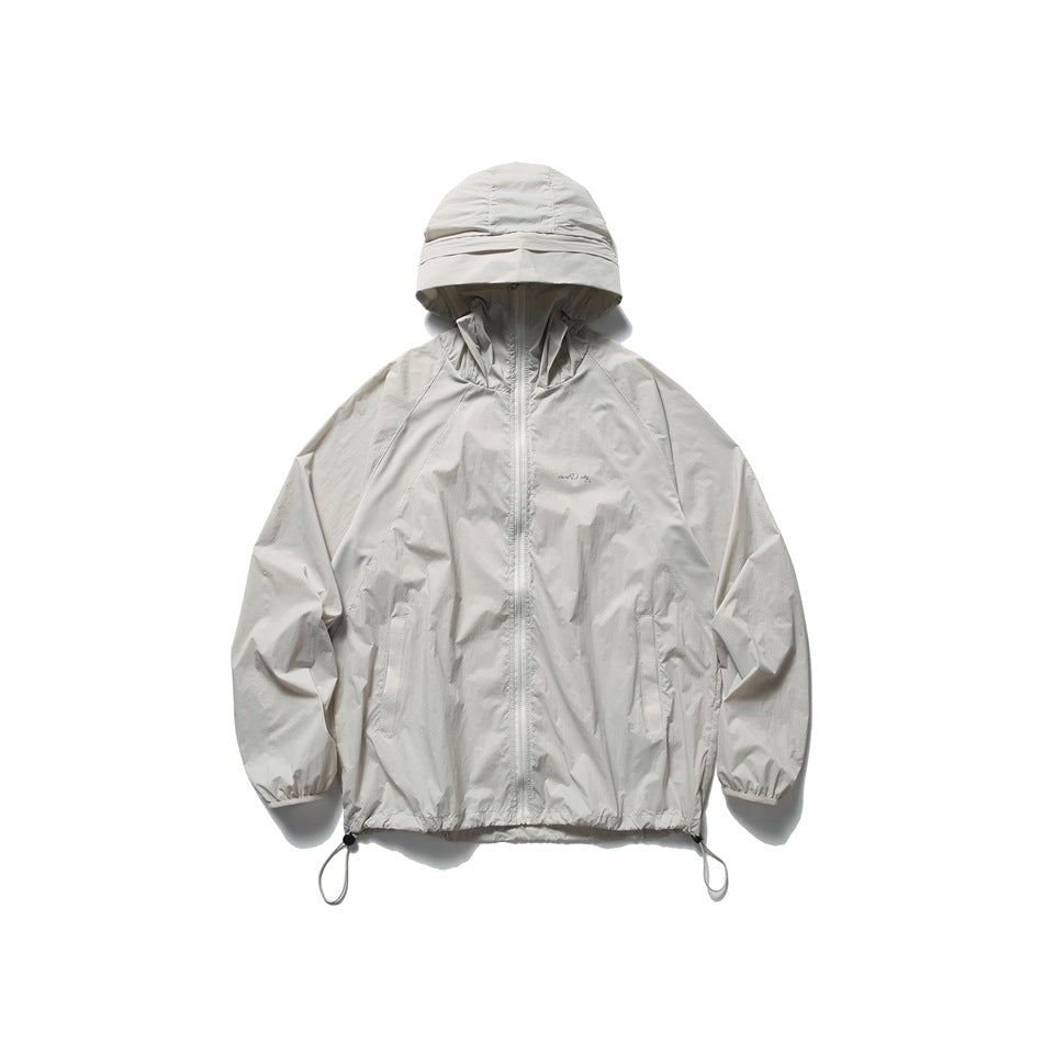 Light gray hooded zip jacket with raglan sleeves, drawcord hem and elastic cuffs, flat front view