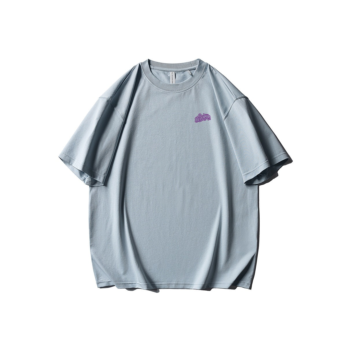Light blue crew-neck short-sleeve T-shirt front view with small purple chest logo