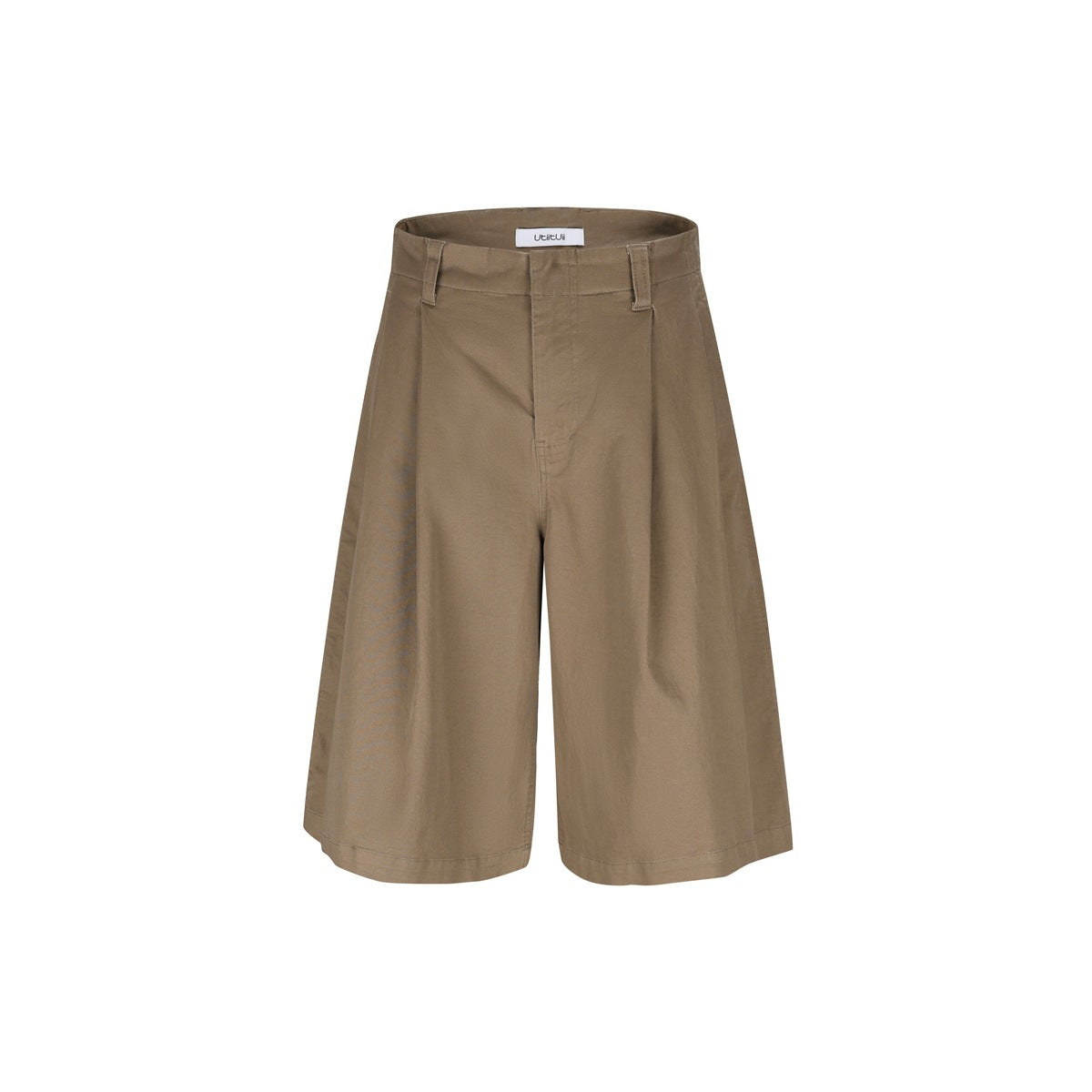 Front view of taupe wide-leg knee-length shorts with a high waistband, belt loops, and pleats.