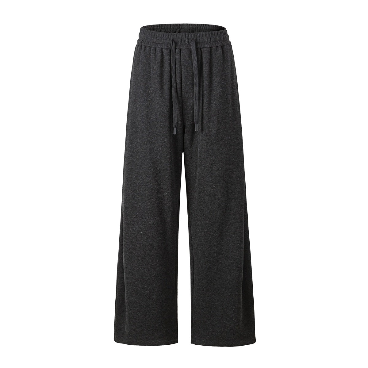 Charcoal gray wide-leg drawstring pants with elastic waistband, front view on white background