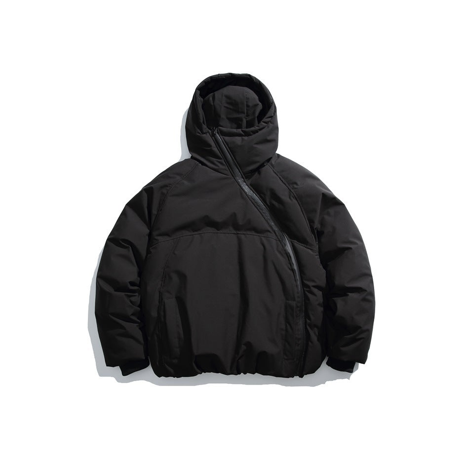 Black hooded padded jacket with diagonal front zipper, flat lay on white background