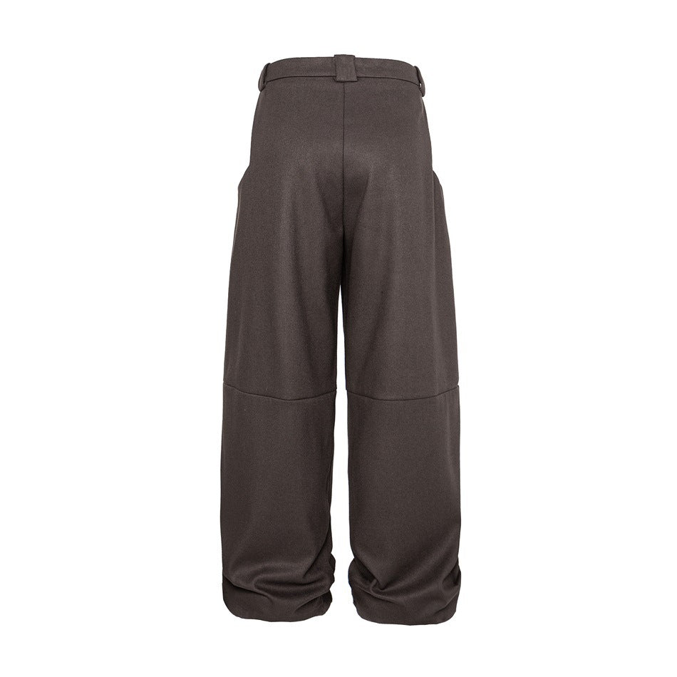 Back view of charcoal gray wide-leg trousers with a plain waistband and full-length legs.