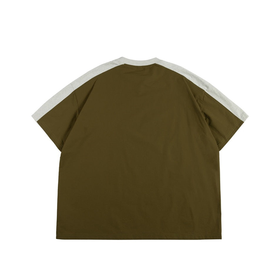 Back view of an olive-brown short-sleeve T-shirt with light gray shoulder and sleeve panels.