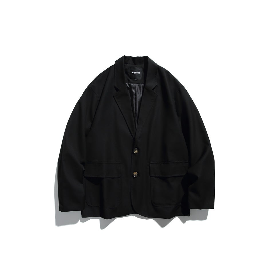 Black two-button blazer-style jacket with notch lapels and flap pockets, flat lay front view