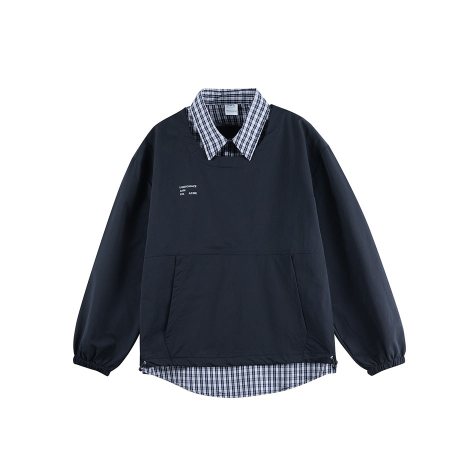 Navy faux two-piece pullover with plaid shirt collar, kangaroo pocket and plaid hem, flat front view