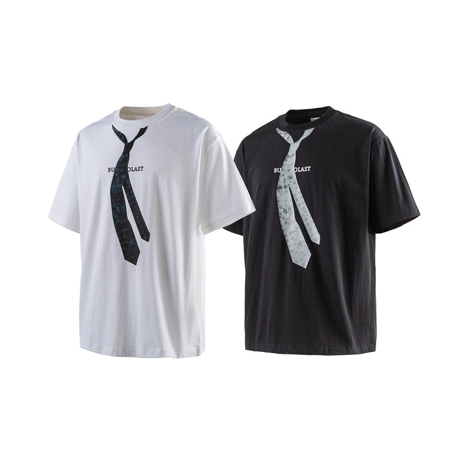 White and black short-sleeve T-shirts with large patterned tie graphics and small English lettering on the chest.