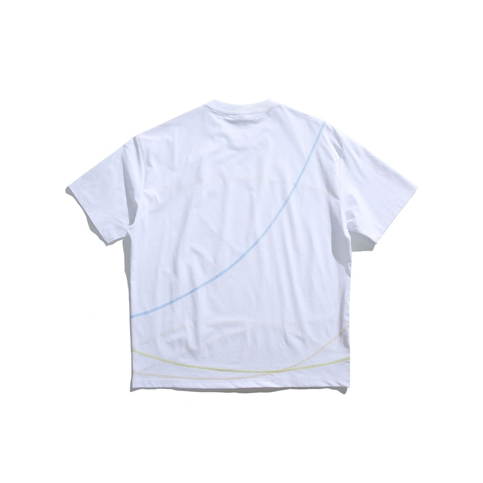Back view of a white short-sleeve T-shirt with curved blue and lime seam details.