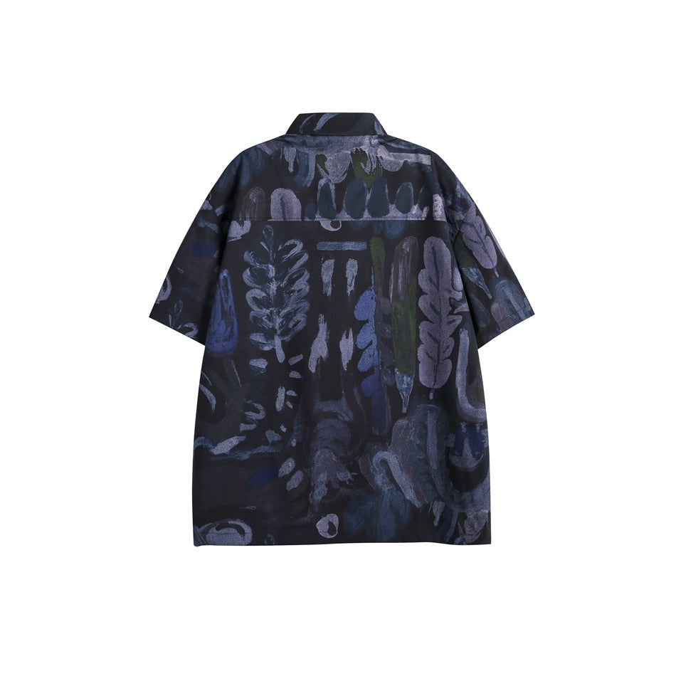 Back view of a dark navy short-sleeve button-up shirt with an allover abstract print.