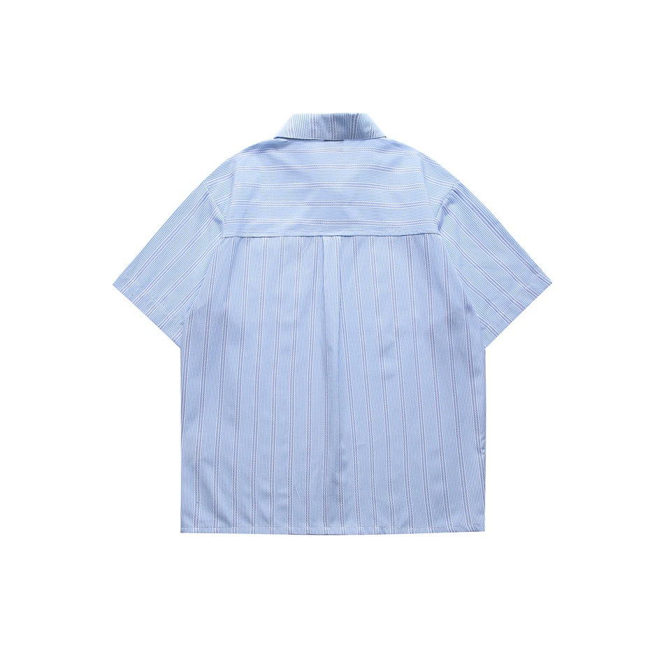 Back view of light blue striped short-sleeve shirt with horizontal-striped yoke and center back pleat