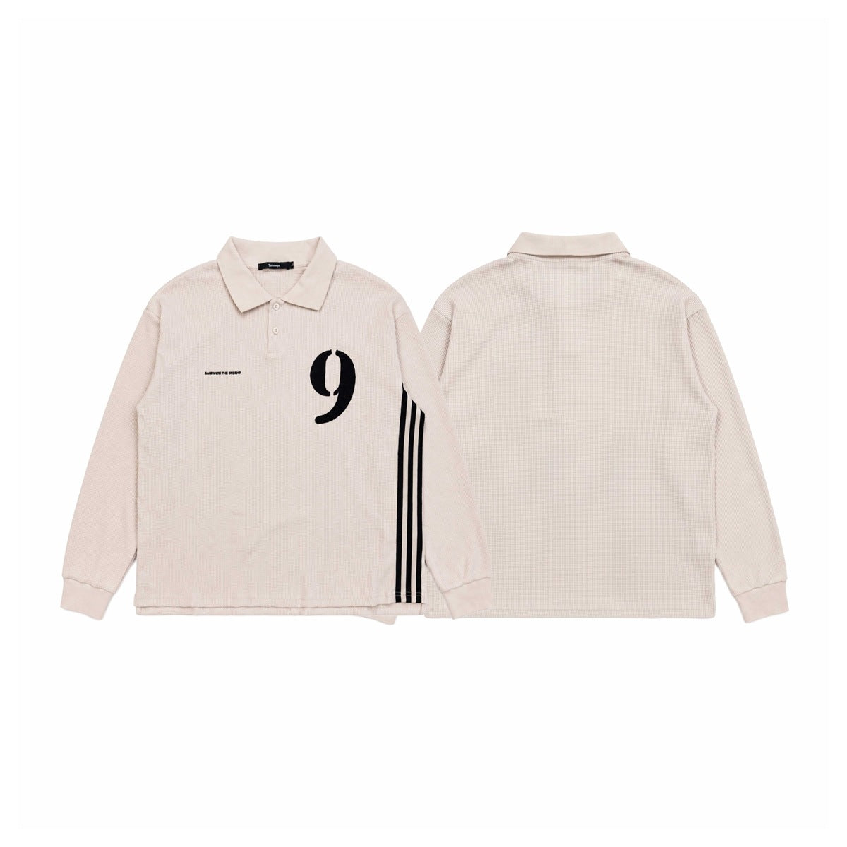 Cream long-sleeved polo shown from front and back, with a black number 9, side stripes, and small chest text.