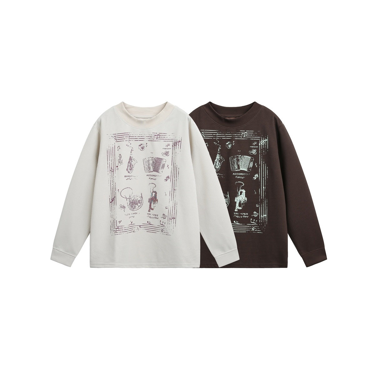Ivory and dark brown long-sleeve crew-neck shirts with large vintage-style musical instrument prints, shown from the front.