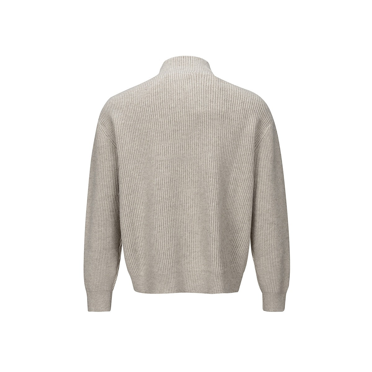 Back view of a light gray ribbed knit sweater with a high collar and long sleeves.