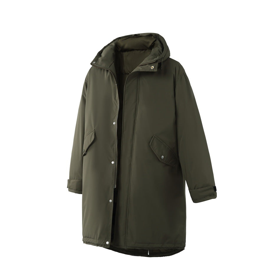 Army green long hooded jacket, shown open at the front with snap placket, flap pockets and tabbed cuffs