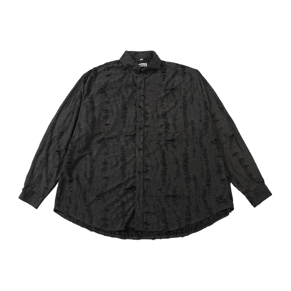 Dark charcoal-black distressed long-sleeve button-up shirt flat lay, front view, with chest pocket and curved hem