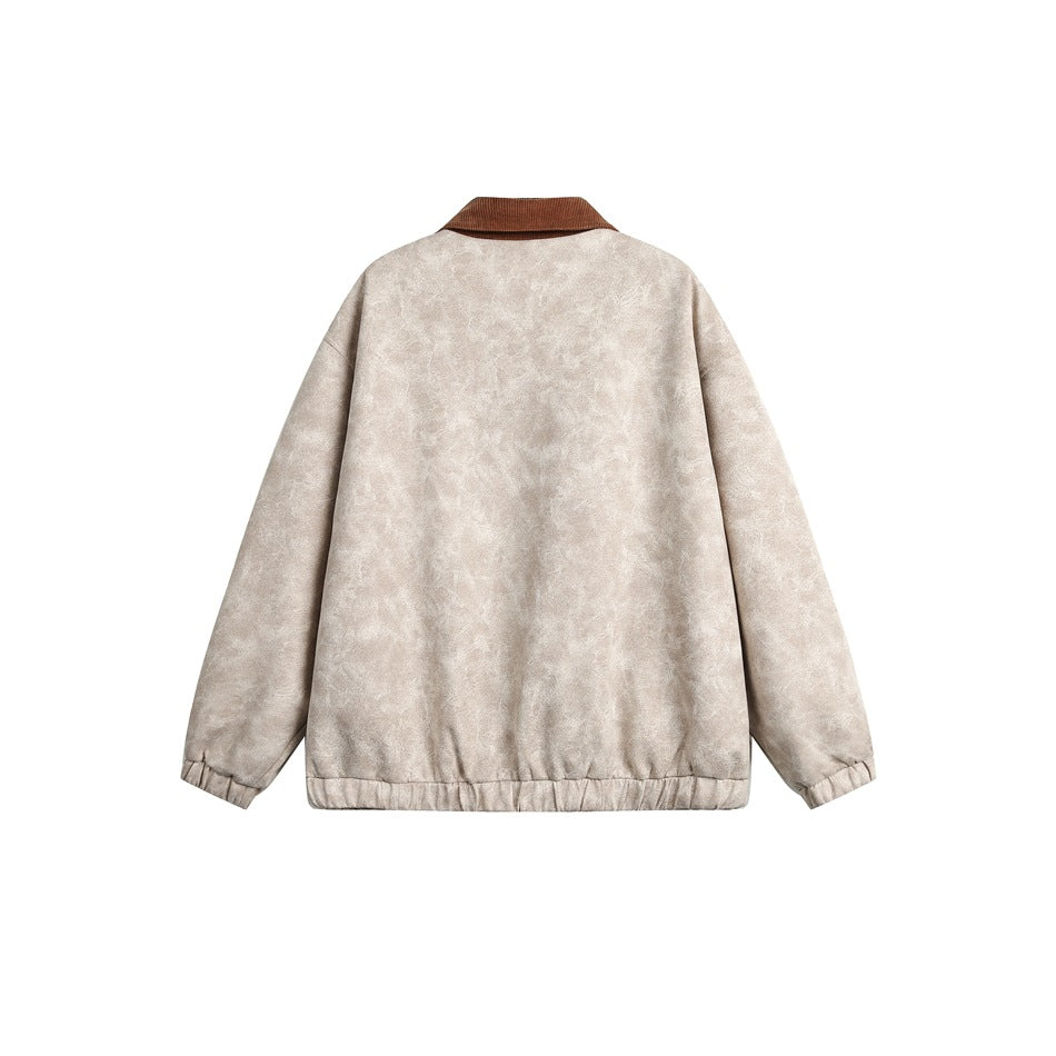 Back view of a light beige mottled jacket with a brown ribbed collar and gathered cuffs and hem.