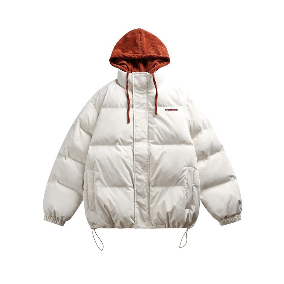 Off-white puffer jacket with rust-orange layered hood, matching drawstrings, front zip and hem toggles, flat front view