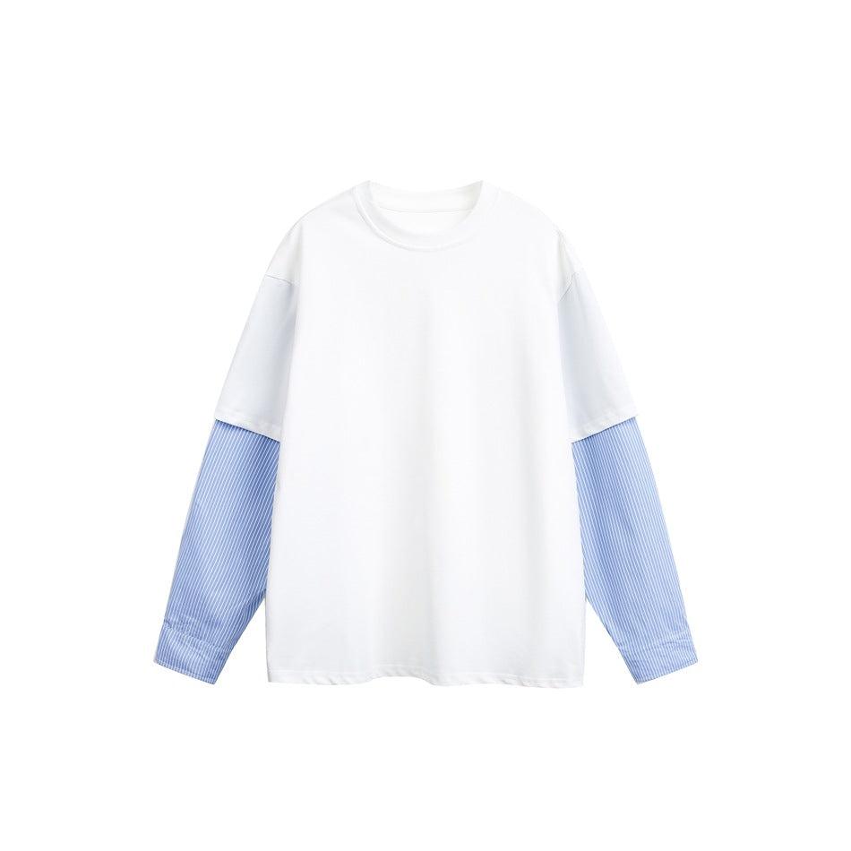 White long-sleeve crew-neck top with blue pinstriped shirt-style sleeves and button cuffs, flat front view